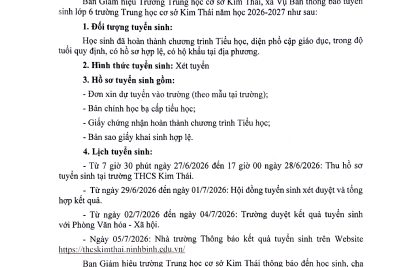 Thông báo Tuyển sinh lớp 6 trường THCS Kim Thái năm học 2026-2027